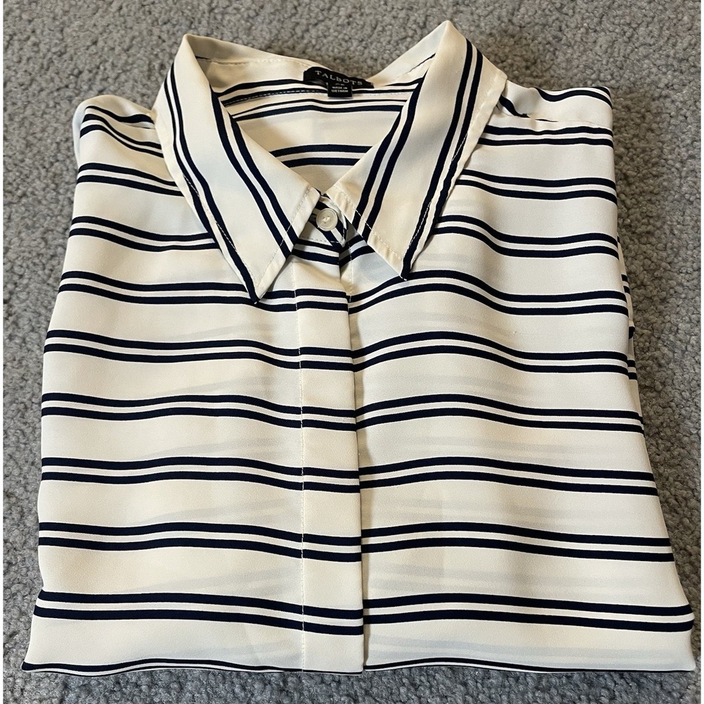 90s Talbots Striped Tunic Button Blouse XL White Black Long Sleeve Career Party - Picture 12 of 12